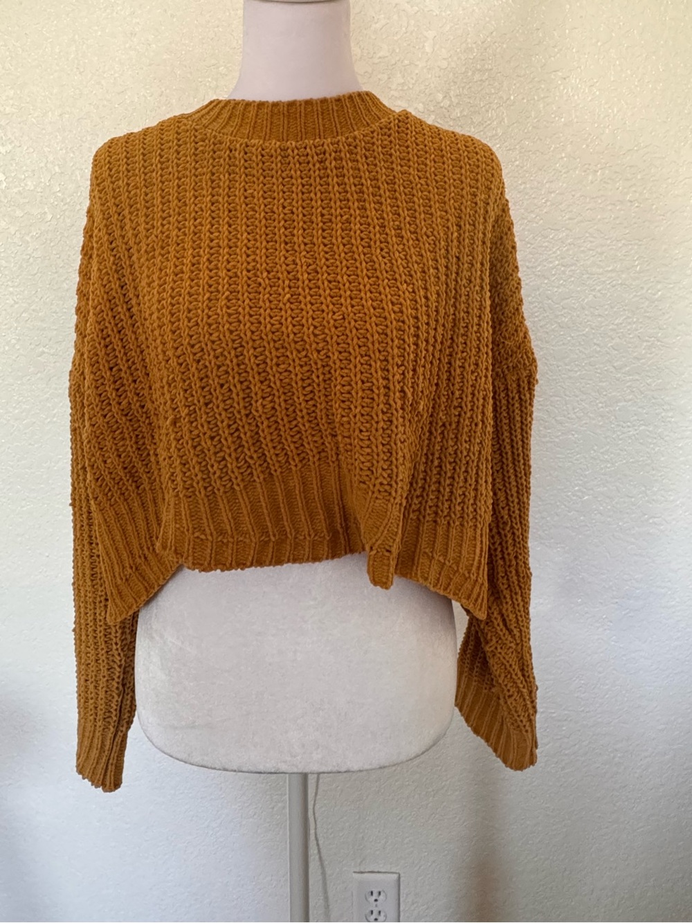FAVLUX Mustard Cropped Rib-Knit Crewneck Sweater